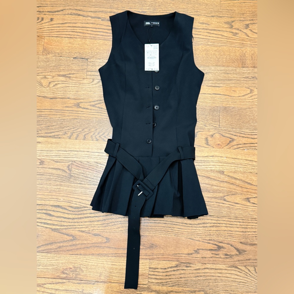 ZARA Black Sleeveless Belted Mini Dress Tailored Pleated Hem NWT Size M